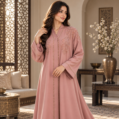 Naeem Boutique – Dusty Rose Pink Embellished Abaya for Women | Luxury Full Length Modest Abaya with Floral Beadwork & Wide Sleeves