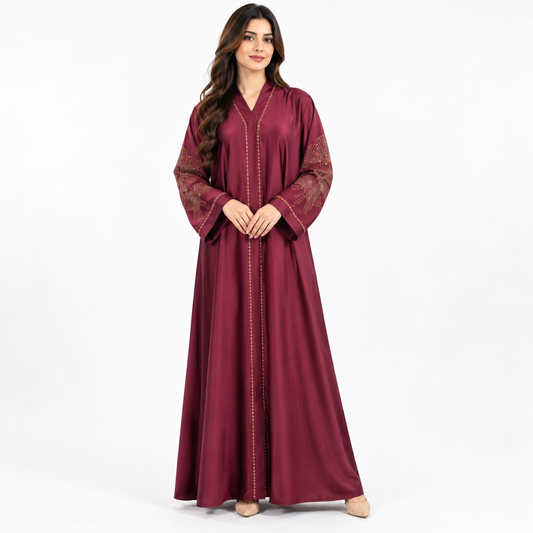 Naeem Boutique – Maroon Embellished Abaya for Women | Luxury Full Length Modest Abaya with Floral Sleeves, Back Detail & Gold Trim