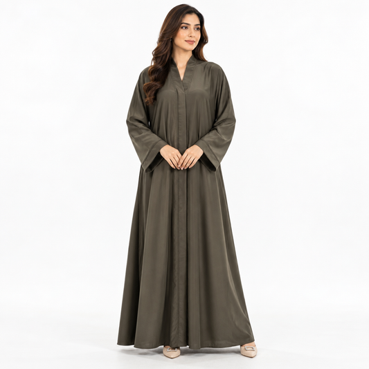 Naeem Boutique Olive Green Abaya for Women | Minimal Full Length Modest Abaya with Wide Sleeves, Elegant Front Detailing & Flowy Fit