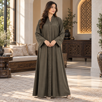 Naeem Boutique Olive Green Abaya for Women | Minimal Full Length Modest Abaya with Wide Sleeves, Elegant Front Detailing & Flowy Fit