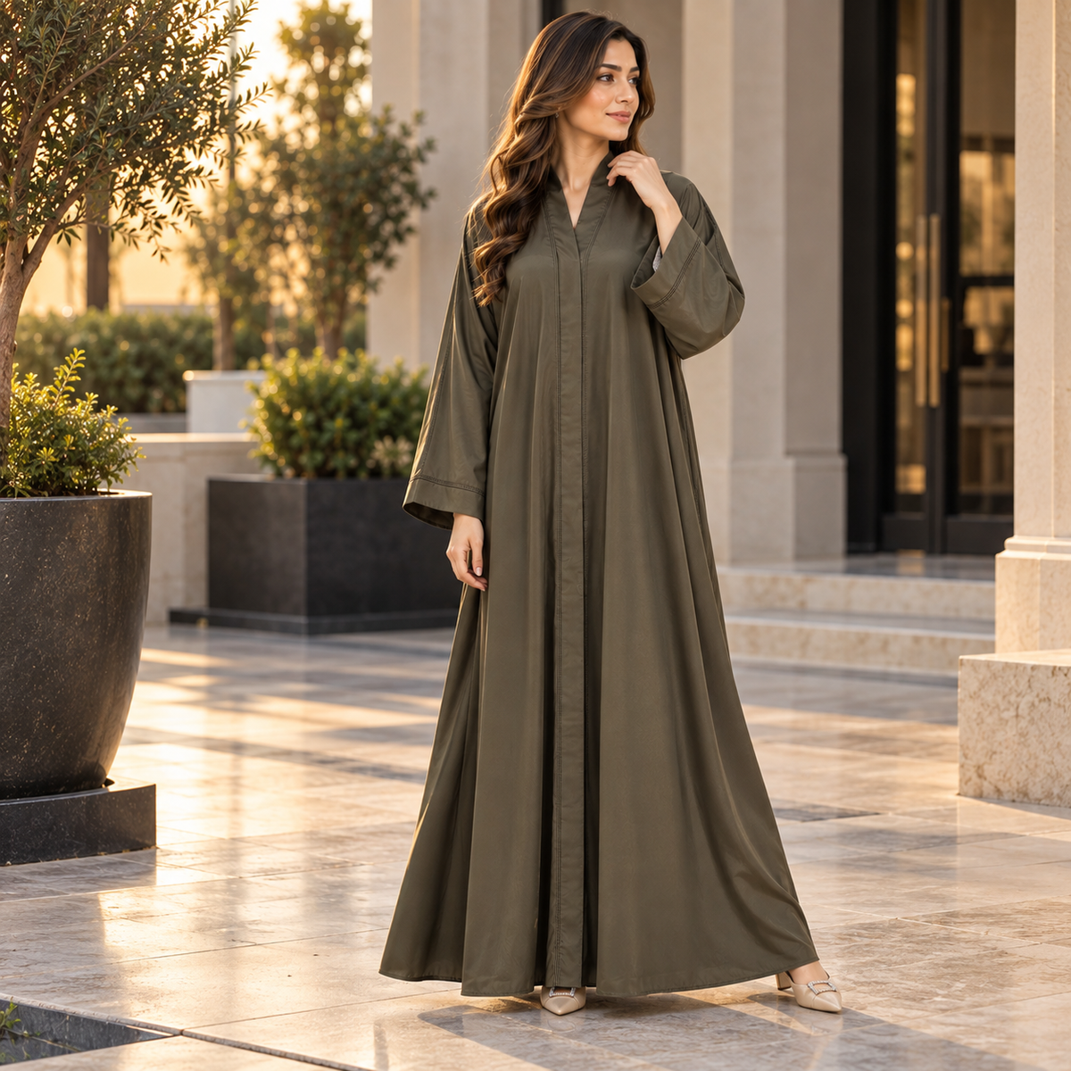 Naeem Boutique Olive Green Abaya for Women | Minimal Full Length Modest Abaya with Wide Sleeves, Elegant Front Detailing & Flowy Fit