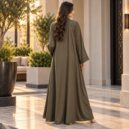 Naeem Boutique Olive Green Abaya for Women | Minimal Full Length Modest Abaya with Wide Sleeves, Elegant Front Detailing & Flowy Fit