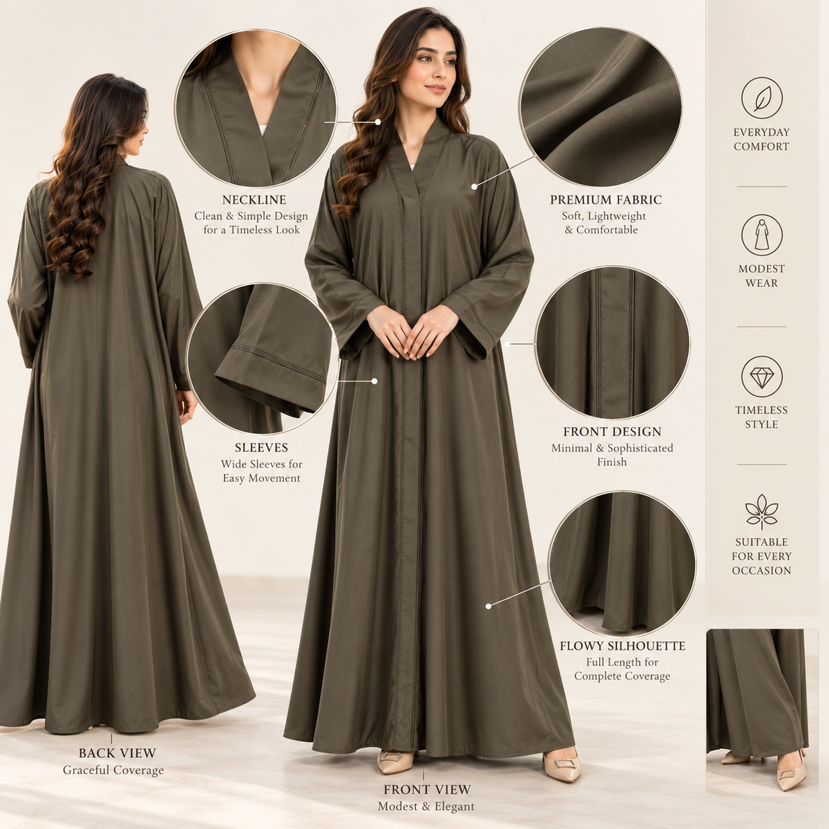 Naeem Boutique Olive Green Abaya for Women | Minimal Full Length Modest Abaya with Wide Sleeves, Elegant Front Detailing & Flowy Fit