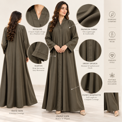 Naeem Boutique Olive Green Abaya for Women | Minimal Full Length Modest Abaya with Wide Sleeves, Elegant Front Detailing & Flowy Fit