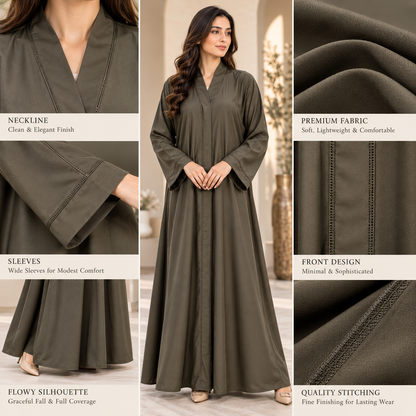 Naeem Boutique Olive Green Abaya for Women | Minimal Full Length Modest Abaya with Wide Sleeves, Elegant Front Detailing & Flowy Fit