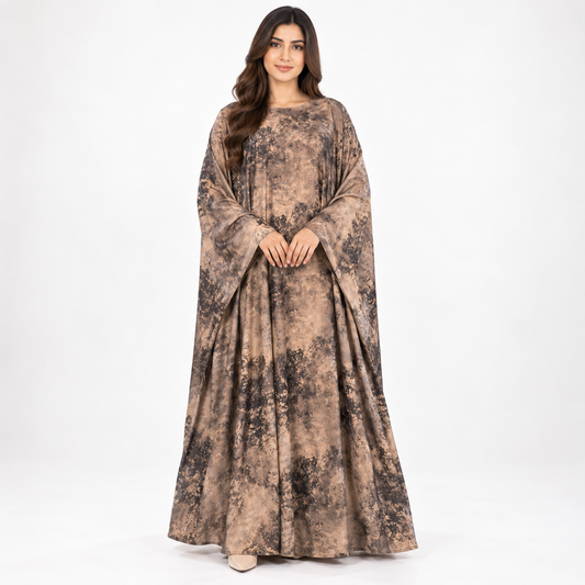 Naeem Boutique Printed Brown Abaya | Extra-Flared Baggy Kaftan with Flared Sleeves & Round Neck
