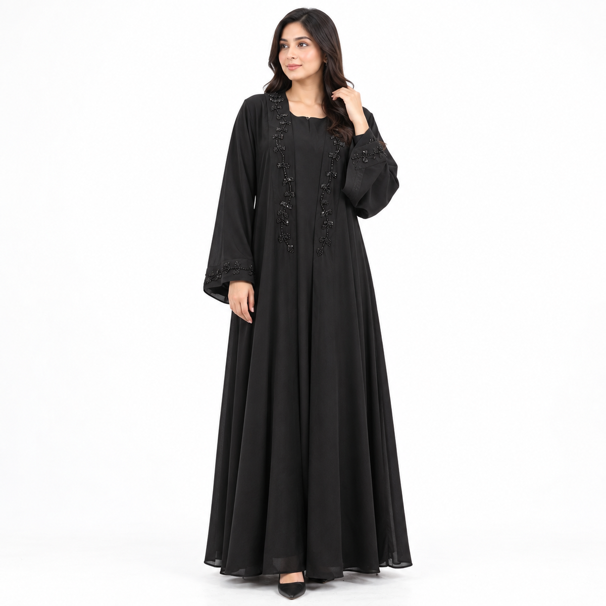 Naeem Boutique Black Embellished Abaya for Women | Elegant Full Length Modest Dress with Beaded Front & Sleeve Detail, Flowy Design