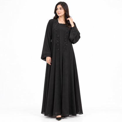 Naeem Boutique Black Embellished Abaya for Women | Elegant Full Length Modest Dress with Beaded Front & Sleeve Detail, Flowy Design