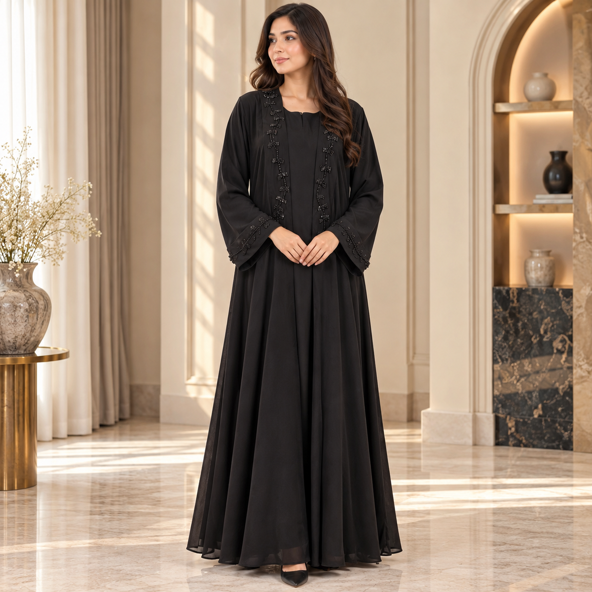 Naeem Boutique Black Embellished Abaya for Women | Elegant Full Length Modest Dress with Beaded Front & Sleeve Detail, Flowy Design