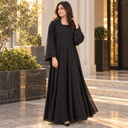 Naeem Boutique Black Embellished Abaya for Women | Elegant Full Length Modest Dress with Beaded Front & Sleeve Detail, Flowy Design