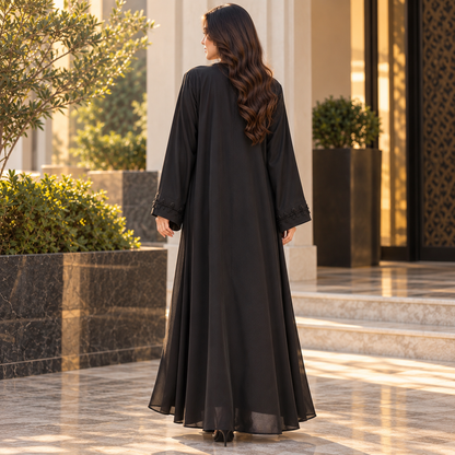 Naeem Boutique Black Embellished Abaya for Women | Elegant Full Length Modest Dress with Beaded Front & Sleeve Detail, Flowy Design