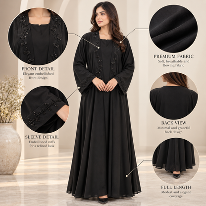 Naeem Boutique Black Embellished Abaya for Women | Elegant Full Length Modest Dress with Beaded Front & Sleeve Detail, Flowy Design