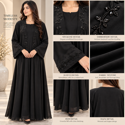 Naeem Boutique Black Embellished Abaya for Women | Elegant Full Length Modest Dress with Beaded Front & Sleeve Detail, Flowy Design