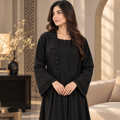 Naeem Boutique Black Embellished Abaya for Women | Elegant Full Length Modest Dress with Beaded Front & Sleeve Detail, Flowy Design