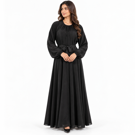 Naeem Boutique Black Belted Abaya for Women | Elegant Full Length Modest Dress with Gathered Neckline, Balloon Sleeves & Flowy Fit