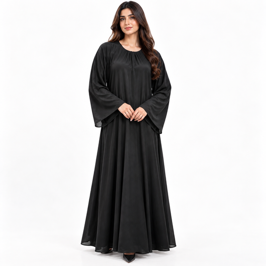 Naeem Boutique Classic Black Abaya for Women | Elegant Full Length Modest Dress with Gathered Round Neck, Wide Sleeves & Flowy Silhouette