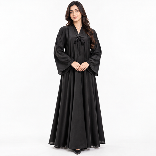 Naeem Boutique Elegant Black Bow Neck Abaya for Women | Full Length Flowy Modest Dress with Wide Sleeves & Graceful Relaxed Fit