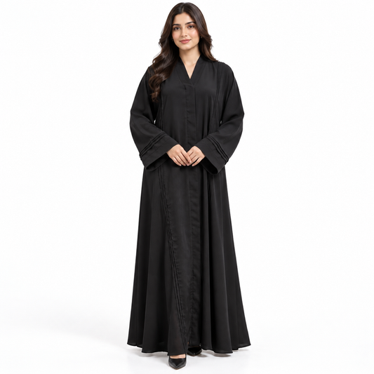 Naeem Boutique Classic Black Abaya for Women | Minimal Full Length Modest Dress with Pleated Trim, Wide Sleeves & Elegant Flowy Silhouette