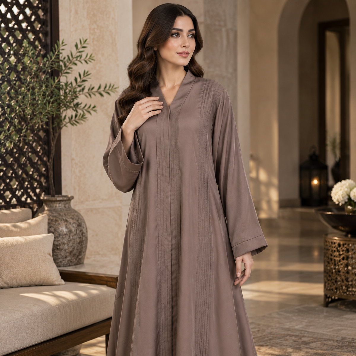 Naeem Boutique – Mocha Brown Minimal Abaya for Women | Elegant Full Length Modest Abaya with Textured Front Panels & Wide Sleeves