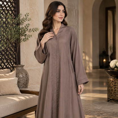 Naeem Boutique – Mocha Brown Minimal Abaya for Women | Elegant Full Length Modest Abaya with Textured Front Panels & Wide Sleeves