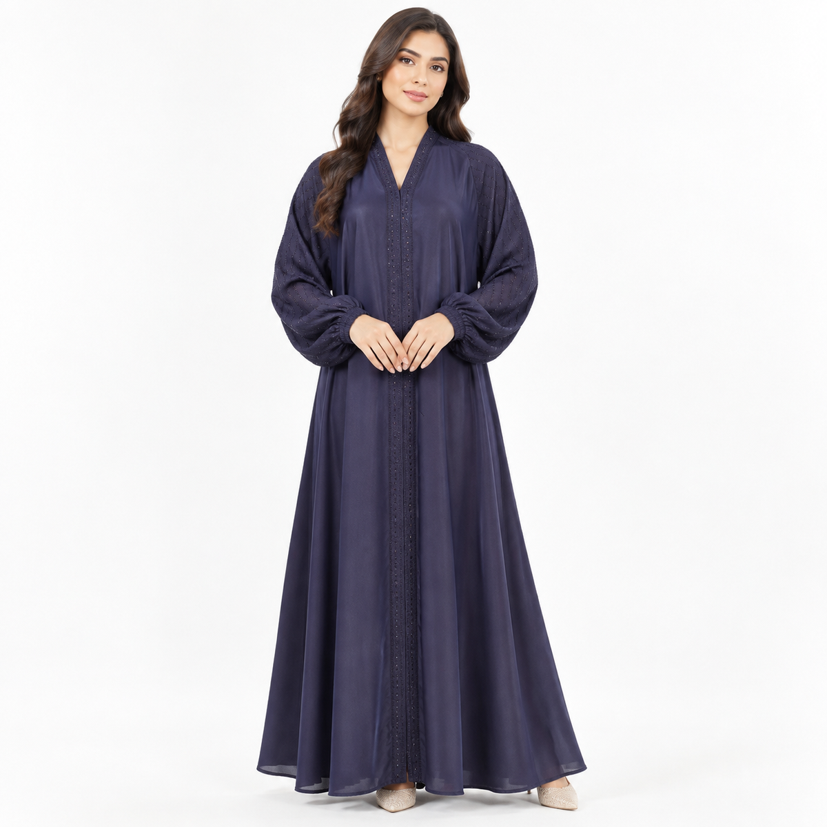 Naeem Boutique – Navy Blue Embellished Abaya for Women | Elegant Full Length Modest Abaya with Balloon Sleeves & Detailed Front Trim