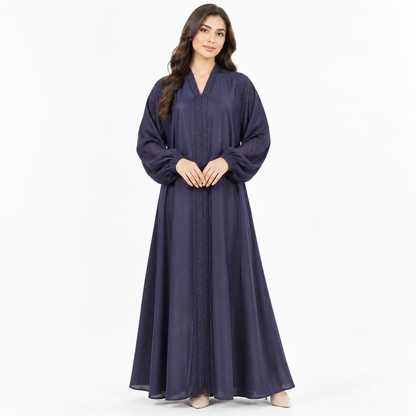 Naeem Boutique – Navy Blue Embellished Abaya for Women | Elegant Full Length Modest Abaya with Balloon Sleeves & Detailed Front Trim