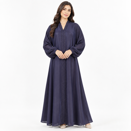 Naeem Boutique – Navy Blue Embellished Abaya for Women | Elegant Full Length Modest Abaya with Balloon Sleeves & Detailed Front Trim