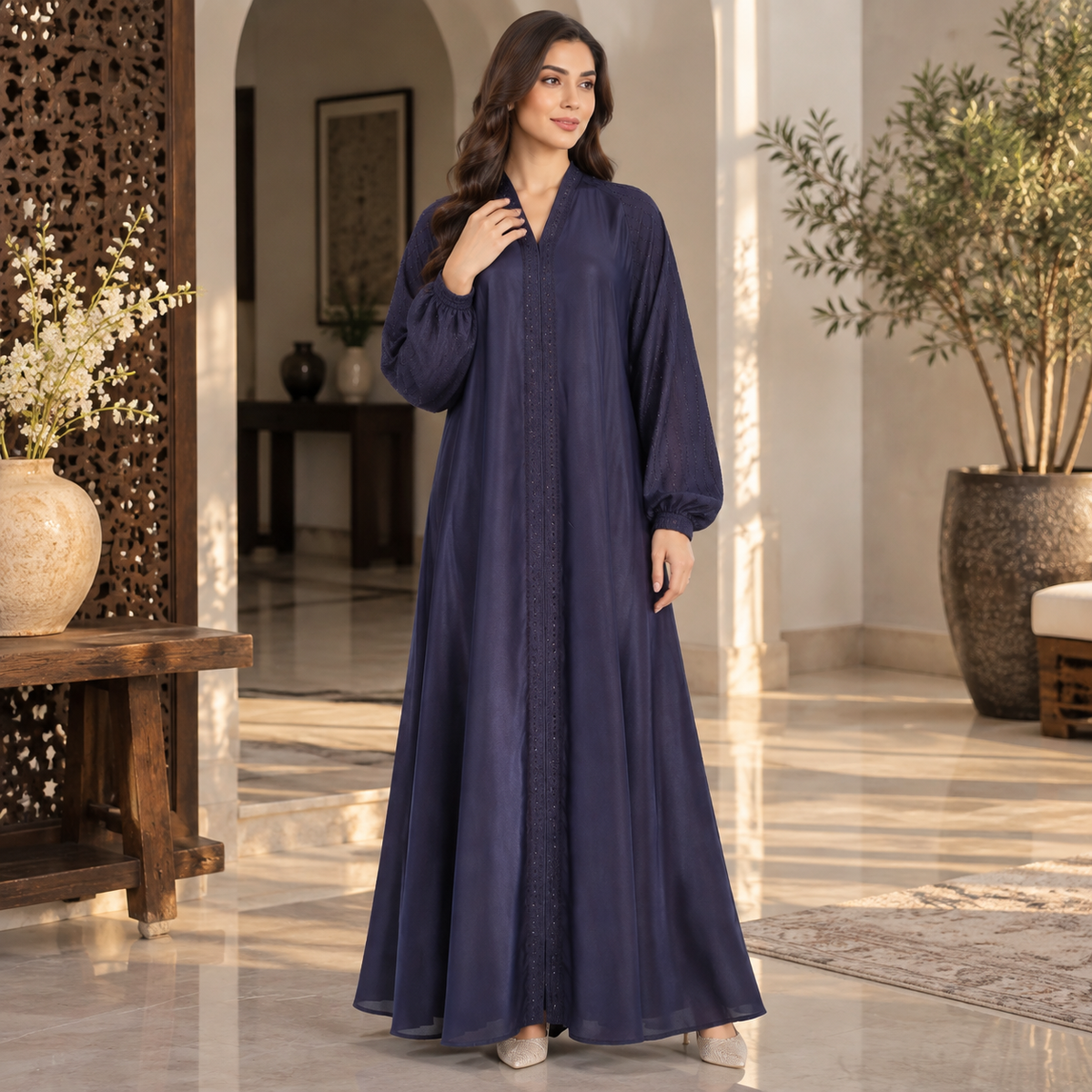 Naeem Boutique – Navy Blue Embellished Abaya for Women | Elegant Full Length Modest Abaya with Balloon Sleeves & Detailed Front Trim