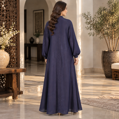 Naeem Boutique – Navy Blue Embellished Abaya for Women | Elegant Full Length Modest Abaya with Balloon Sleeves & Detailed Front Trim