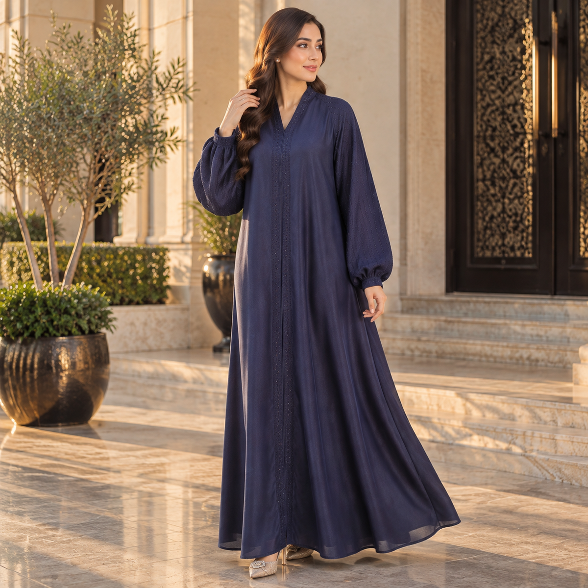 Naeem Boutique – Navy Blue Embellished Abaya for Women | Elegant Full Length Modest Abaya with Balloon Sleeves & Detailed Front Trim