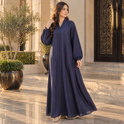 Naeem Boutique – Navy Blue Embellished Abaya for Women | Elegant Full Length Modest Abaya with Balloon Sleeves & Detailed Front Trim