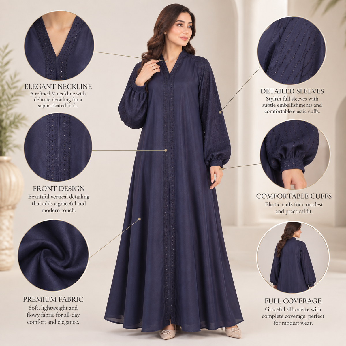 Naeem Boutique – Navy Blue Embellished Abaya for Women | Elegant Full Length Modest Abaya with Balloon Sleeves & Detailed Front Trim
