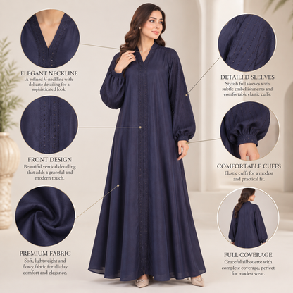 Naeem Boutique – Navy Blue Embellished Abaya for Women | Elegant Full Length Modest Abaya with Balloon Sleeves & Detailed Front Trim