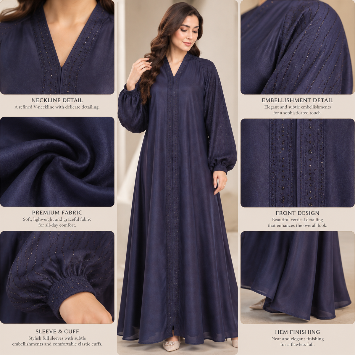 Naeem Boutique – Navy Blue Embellished Abaya for Women | Elegant Full Length Modest Abaya with Balloon Sleeves & Detailed Front Trim