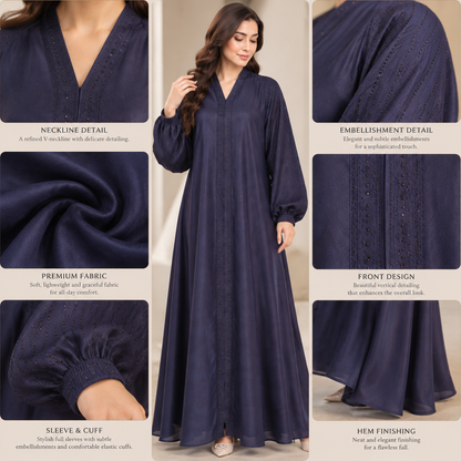 Naeem Boutique – Navy Blue Embellished Abaya for Women | Elegant Full Length Modest Abaya with Balloon Sleeves & Detailed Front Trim