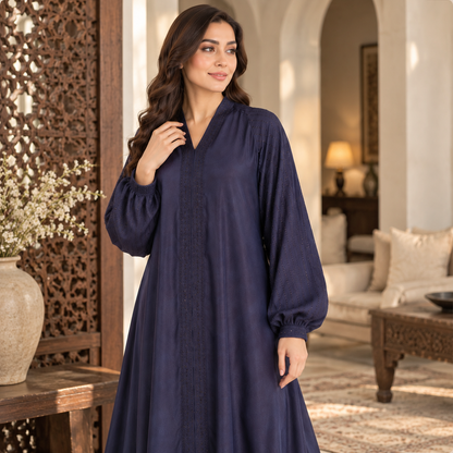 Naeem Boutique – Navy Blue Embellished Abaya for Women | Elegant Full Length Modest Abaya with Balloon Sleeves & Detailed Front Trim