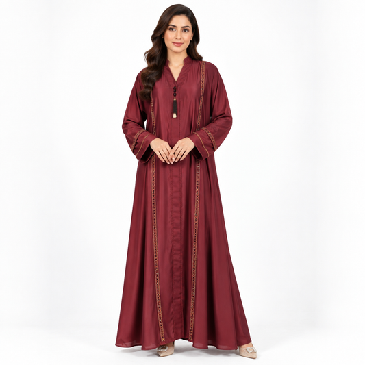 Naeem Boutique – Maroon Embroidered Abaya for Women | Elegant Full Length Modest Abaya with Tassel Neckline, Wide Sleeves & Premium Detailing