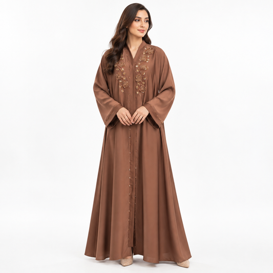 Naeem Boutique – Mocha Brown Embroidered Abaya for Women | Elegant Full Length Modest Abaya with Floral Beadwork & Wide Sleeves