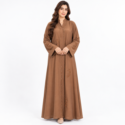 Naeem Boutique – Caramel Brown Embroidered Abaya for Women | Elegant Full Length Modest Abaya with Beadwork & Wide Sleeves