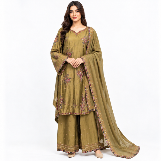 Fully Embroidered Viscose Suit with Plazo