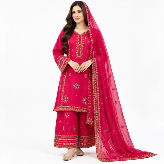 Cotton Embroidered 3-Piece Suit with Plazo & Chiffon Dupatta