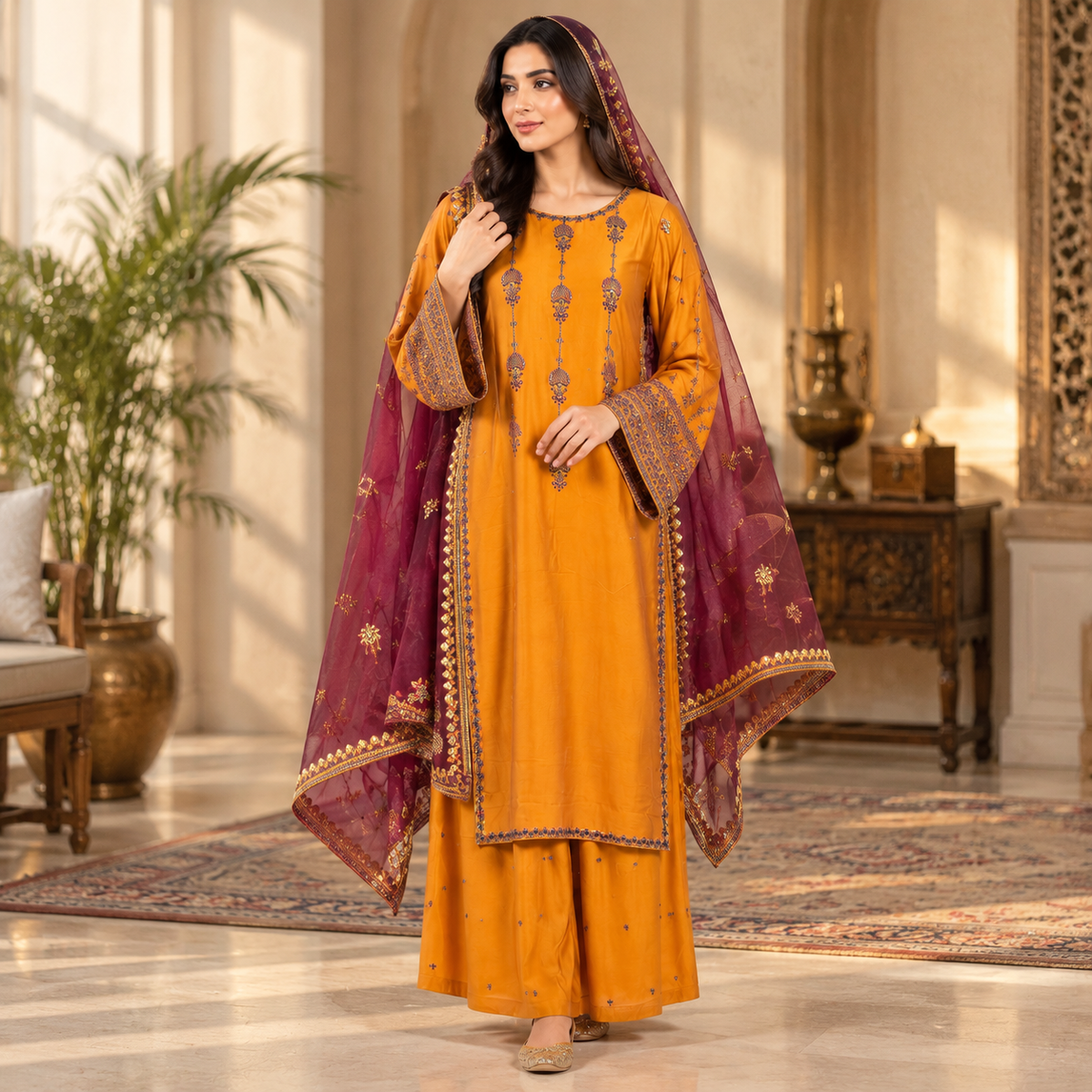 Embroidered 3-Piece Suit with Plazo & Organza and khaddi Stuff Dupatta