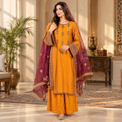 Embroidered 3-Piece Suit with Plazo & Organza and khaddi Stuff Dupatta