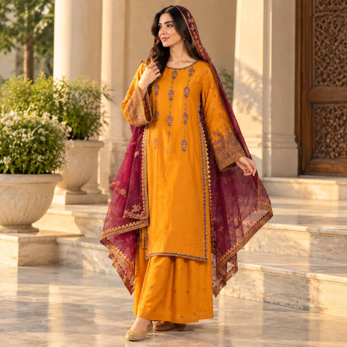 Embroidered 3-Piece Suit with Plazo & Organza and khaddi Stuff Dupatta
