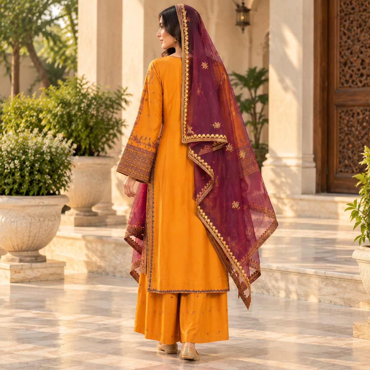 Embroidered 3-Piece Suit with Plazo & Organza and khaddi Stuff Dupatta