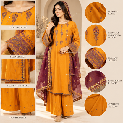 Embroidered 3-Piece Suit with Plazo & Organza and khaddi Stuff Dupatta