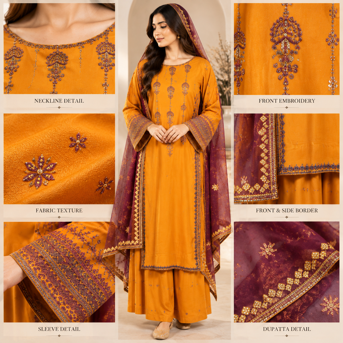 Embroidered 3-Piece Suit with Plazo & Organza and khaddi Stuff Dupatta