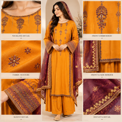 Embroidered 3-Piece Suit with Plazo & Organza and khaddi Stuff Dupatta