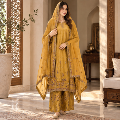 Viscose Embroidered 3-Piece Suit with Plazo &amp; Organza Dupatta