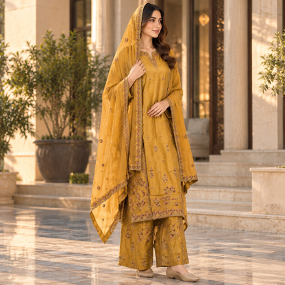 Viscose Embroidered 3-Piece Suit with Plazo &amp; Organza Dupatta